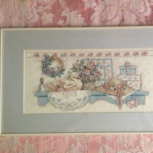 Vintage needlepoint swan flowers with Larson Juhl frame wall hanging home decor